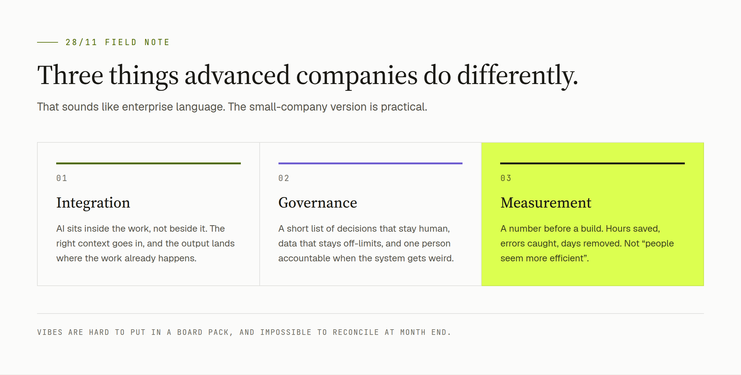 Three practical operating conditions for advanced AI implementation: integration, governance, and measurement.
